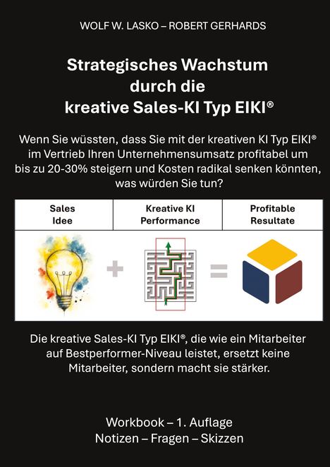 Strategisches Wachstum durch kreative Sales-KI Typ EIKI®. Glühbirne, Labyrinth und ein bunter Würfel bilden eine Gleichung.