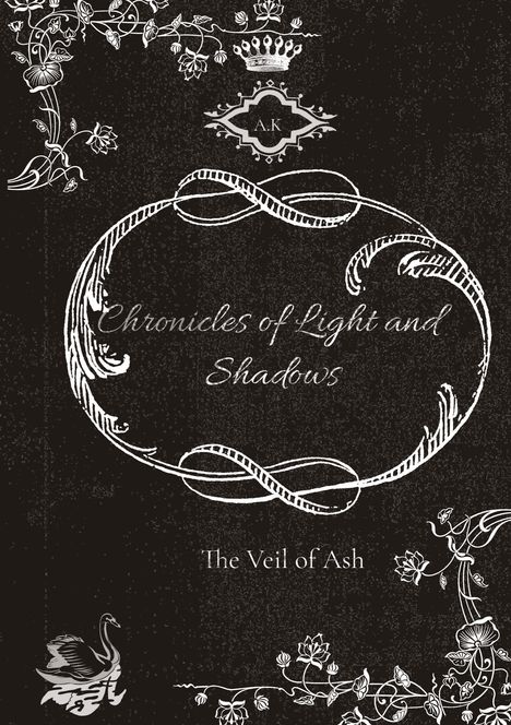 „Chronicles of Light and Shadows“, „The Veil of Ash“. Oben Krone mit „A.K“, florale Verzierungen und Schwanenmotiv.