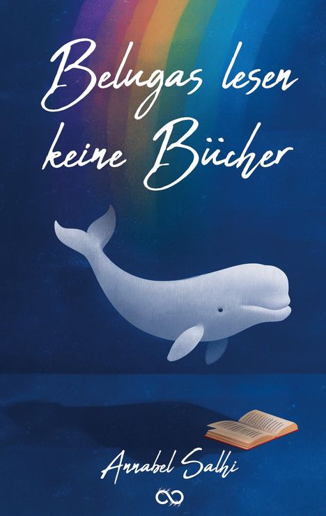 „Belugas lesen keine Bücher“ und „Annabel Salhi“. Ein lächelnder Beluga-Wal schwimmt über einem geöffneten Buch.