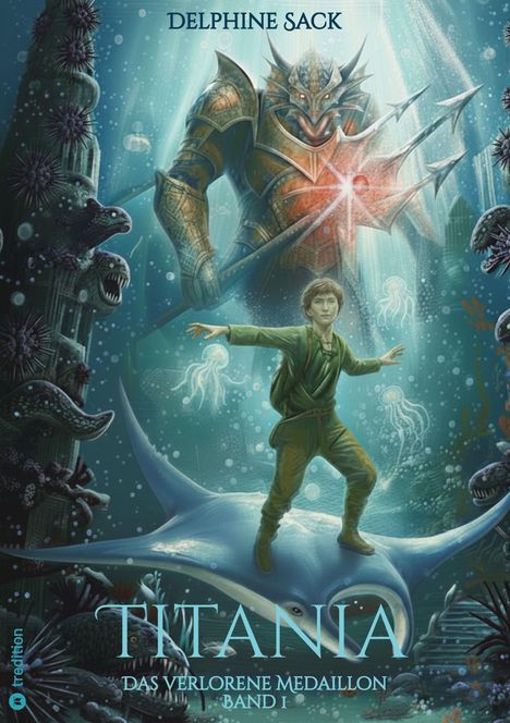 "DELHPINE SACK" und "TITANIA: DAS VERLORENE MEDAILLON BAND I." Junge auf Mantarochen vor gigantischem Krieger mit Dreizack.