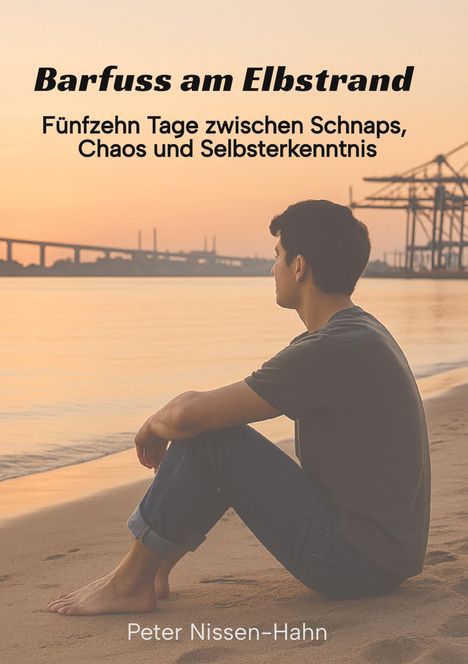 "Barfuss am Elbstrand. Fünfzehn Tage zwischen Schnaps, Chaos und Selbsterkenntnis. Peter Nissen-Hahn." Ein Mann sitzt am Strand, schaut aufs Wasser.