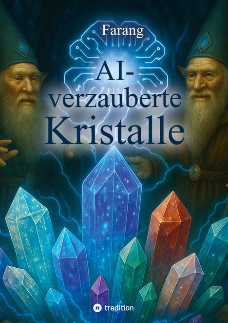 Text: Farang AI-verzauberte Kristalle. Illustration von zwei Zauberern mit blauen Hüten und leuchtenden Kristallen.
