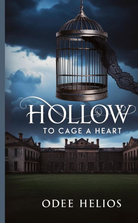 „Hollow To Cage A Heart“ und „Odee Helios“. Ein Vogelkäfig mit schwarzer Spitze schwebt über einem düsteren Gebäude.