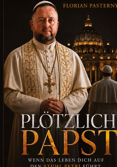 Titel: "PLÖTZLICH PAPST". Ein Papst in weißer Robe, vor dem beleuchteten Petersdom.