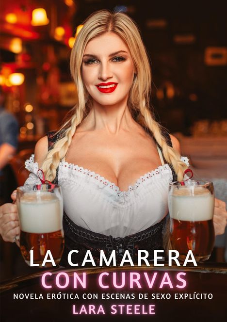 LA CAMARERA CON CURVAS. Frau im Dirndl hält zwei Bierkrüge, lächelt in einer warm beleuchteten Kneipe.