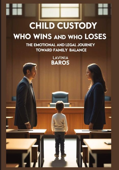 Texte: "Child Custody: Who Wins and Who Loses", "Lavinia Baros". Ein Kind zwischen zwei Erwachsenen im Gerichtssaal.