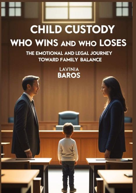 "CHILD CUSTODY WHO WINS AND WHO LOSES" oben, darunter ein Kind in einem Gerichtssaal zwischen zwei Erwachsenen.