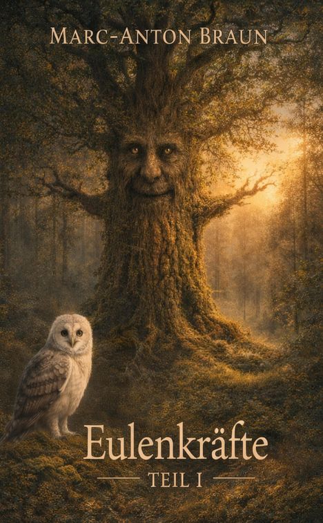 Text: "Marc-Anton Braun", "Eulenkräfte Teil I". 

Illustration: Gesicht im Baum, Eule im Wald.