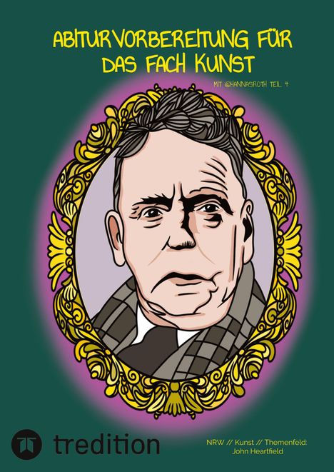 „Abiturvorbereitung für das Fach Kunst“ steht oben. Eine Illustration zeigt ein ernstes Gesicht in einem verzierten Rahmen.