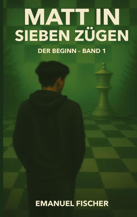 „MATT IN SIEBEN ZÜGEN. DER BEGINN - BAND 1.“ Ein Mann vor einem großen Schachbrettmuster; Schachfigur im Hintergrund.