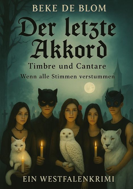 "Beke De Blom. Der letzte Akkord. Timbre und Cantare. Wenn alle Stimmen verstummen. Ein Westfalenkrimi." 

Fünf Personen, zwei mit Masken, halten Kerzen. Begleitet von Tieren vor einem düsteren Hintergrund.