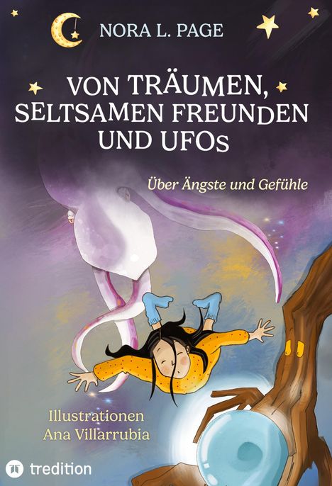 "Von Träumen, seltsamen Freunden und UFOs" mit Illustration einer schwebenden Person, Tentakel und einem Baum.