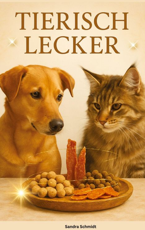 Oben steht "TIERISCH LECKER". Ein Hund und eine Katze betrachten einen Teller mit Tierfutter. Darunter "Sandra Schmidt".
