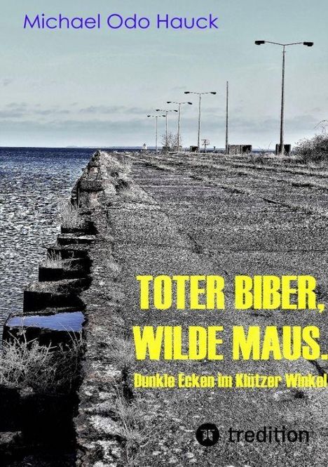 "Toter Biber, Wilde Maus. Dunkle Ecken im Klützer Winkel." Verwitterte Kaimauer am Meer, trübes Wasser, grauer Himmel.