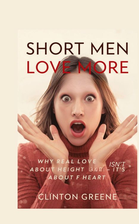"Short Men Love More" - überraschte Frau mit offenem Mund in rotem Rollkragenpullover.