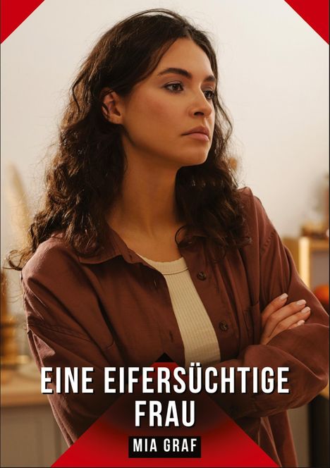 „EINE EIFERSÜCHTIGE FRAU“, „MIA GRAF“. Frau mit braunem Haar, verschränkten Armen, ernstem Blick.