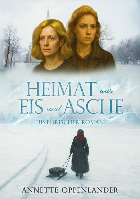 "Heimat aus Eis und Asche. Historischer Roman. Annette Oppenlander." Zwei Frauen, winterliche Straße, Frau zieht Schlitten.