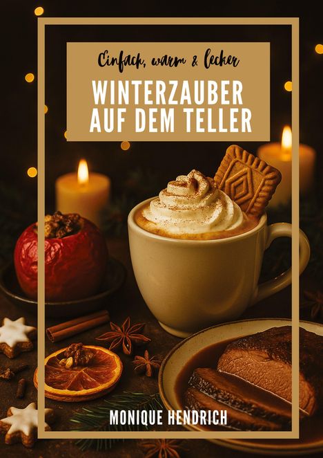 „Einfach, warm & lecker. Winterzauber auf dem Teller. Monique Hendrich.“ Getränk mit Sahne und Gebäck, Kerzen im Hintergrund.