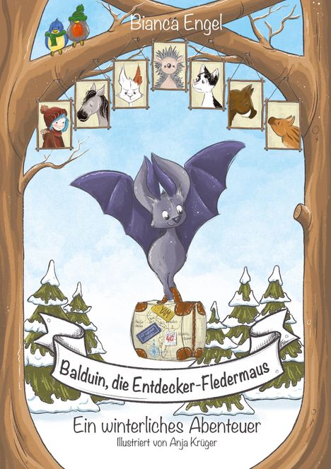 Text: „Balduin, die Entdecker-Fledermaus. Ein winterliches Abenteuer.“ Illustration: Fledermaus auf einem Koffer.
