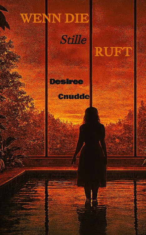 "WENN DIE Stille RUFT. Desiree Cnudde." Silhouette einer Frau vor einem Fenster mit orangefarbenem Sonnenuntergang.