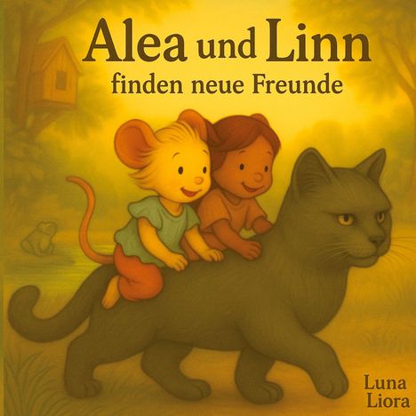 „Alea und Linn finden neue Freunde“; Ein Maus-Kind und Mensch-Kind reiten auf einer großen, grauen Katze im Wald.
