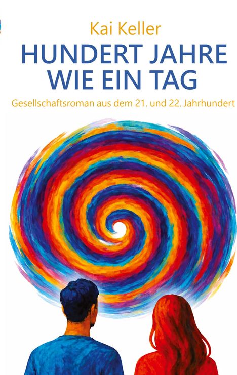 „Kai Keller, HUNDERT JAHRE WIE EIN TAG“, gemalt, bunte Spirale, zwei Personen von hinten.