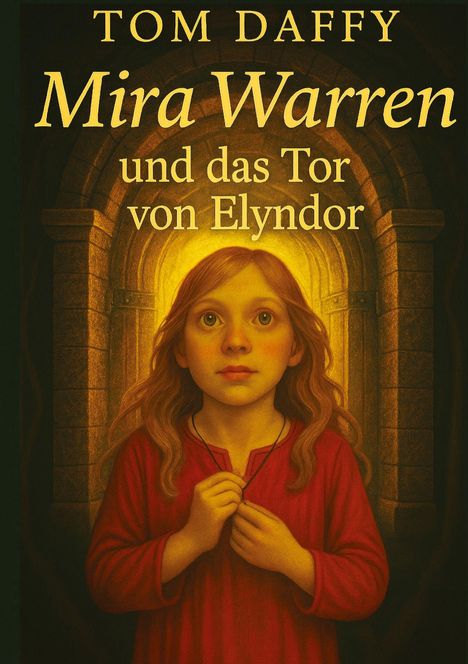 „Tom Daffy. Mira Warren und das Tor von Elyndor.“ Illustration: Mädchen im roten Kleid vor einem leuchtenden Torbogen.