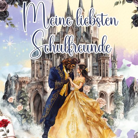 „Meine liebsten Schulfreunde“ steht über einem Schloss. Ein Paar in eleganter Kleidung tanzt davor. Märchenhafte Szene.
