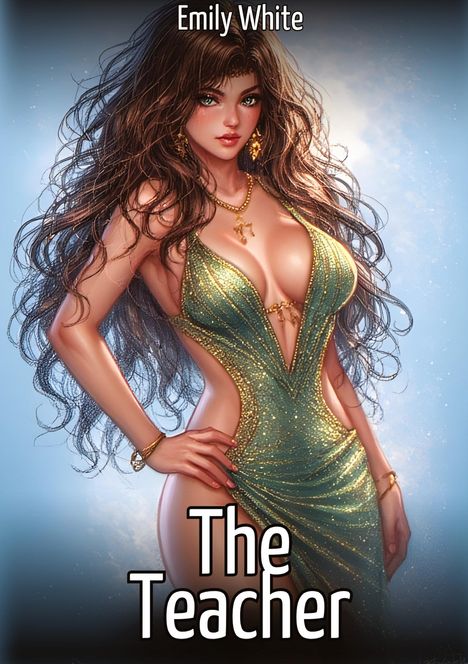 Text: "Emily White, The Teacher". Eine Frau mit langen Haaren in einem glitzernden, grünen Kleid. Illustration.