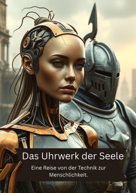 "Das Uhrwerk der Seele. Eine Reise von der Technik zur Menschlichkeit." Eine futuristische Frau mit mechanischen Details.