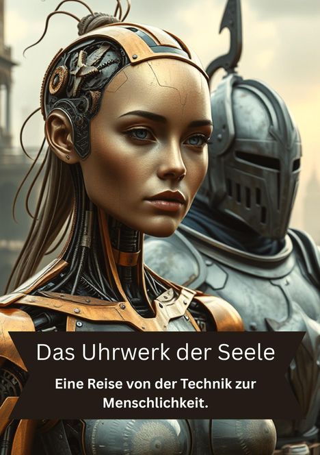 Text: "Das Uhrwerk der Seele – Eine Reise von der Technik zur Menschlichkeit." Illustration: Menschliche Figur mit mechanischen Teilen.