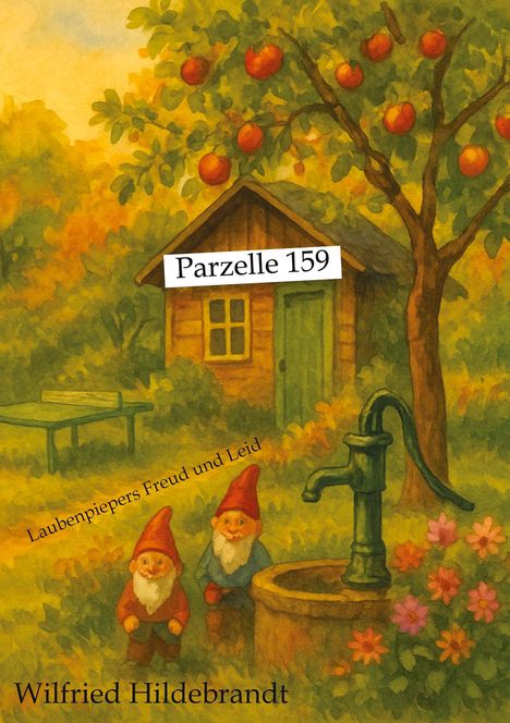 Der Text sagt: "Parzelle 159", "Laubenpiepers Freud und Leid". Eine Illustration mit zwei Gartenzwergen, Hütte, Pumpe, Blumen.
