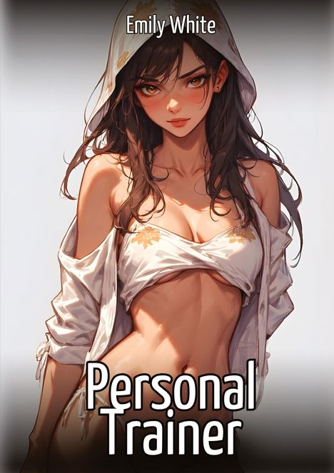 Oben steht "Emily White". Unten "Personal Trainer". Illustration einer Frau mit Kapuze, bauchfreiem Oberteil und intensivem Blick.