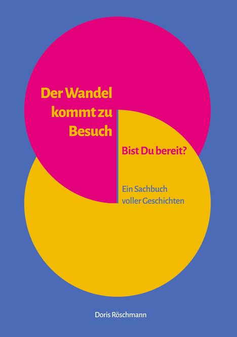 "Der Wandel kommt zu Besuch. Bist Du bereit? Ein Sachbuch voller Geschichten." Grafik mit pinkem und gelbem Kreis.