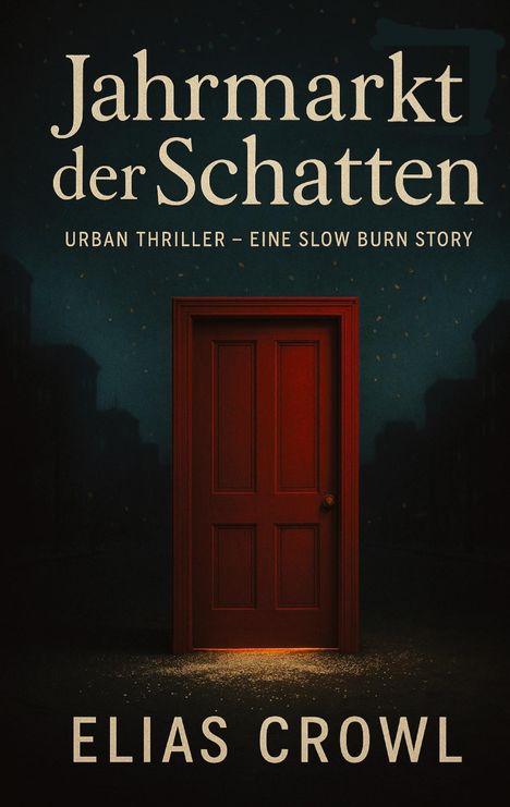 „Jahrmarkt der Schatten“, „URBAN THRILLER – EINE SLOW BURN STORY“, „ELIAS CROWL“. Eine rote Tür in düsterer Umgebung.