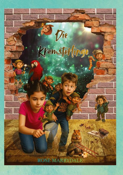 "Die Kramsterlinge" in bunter Schrift auf einer zerstörten Mauer. Kinder und kleine Kreaturen erkunden neugierig.