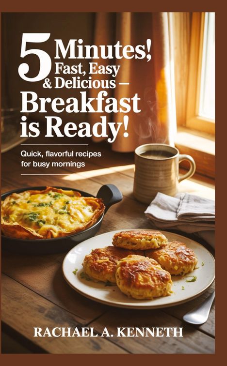 Buchtitel: "5 Minutes! Fast, Easy & Delicious – Breakfast is Ready!" zeigt Frühstück, darunter Pfannkuchen und Tee.