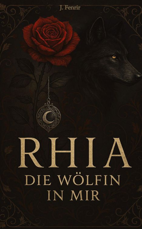 J. Fenrir. RHIA - DIE WÖLFIN IN MIR. Eine rote Rose, ein Halbmond-Anhänger und ein schwarzer Wolf in dekorativem Stil.