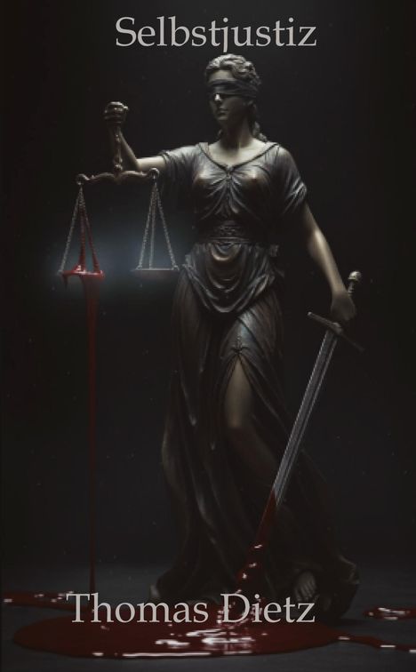 Text: "Selbstjustiz" und "Thomas Dietz". Eine Statue der Justitia mit blutiger Waage und Schwert, in düsterer Beleuchtung.