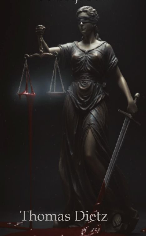 Text: "Thomas Dietz". 
Eine Statue der Justitia mit Waage und Schwert, verbunden mit rötlicher Flüssigkeit.