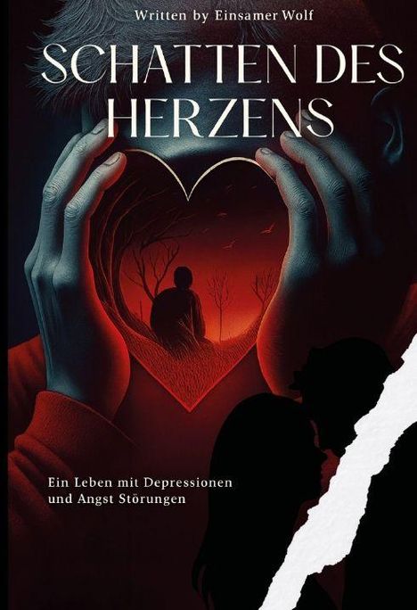"Schatten des Herzens", "Ein Leben mit Depressionen und Angst Störungen". Silhouette eines nachdenklichen Menschen in Herzform.
