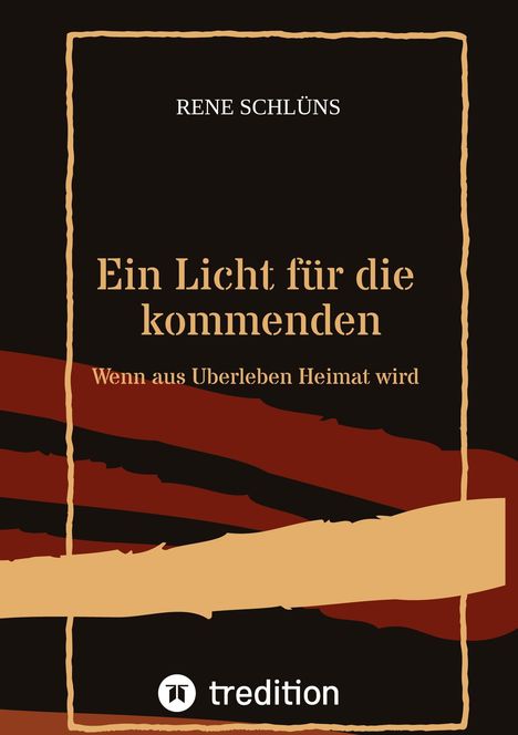 "Ein Licht für die kommenden. Wenn aus Überleben Heimat wird." Rote und beige Formen auf schwarzem Hintergrund.