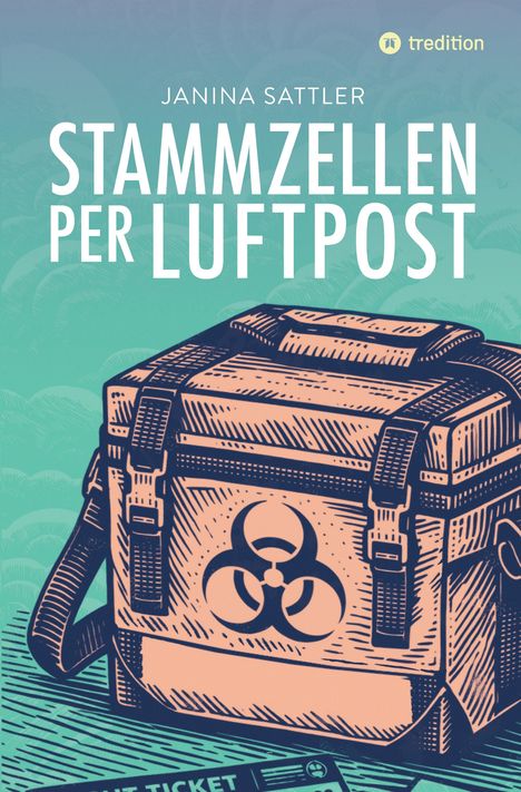 Buchtitel „Stammzellen per Luftpost“ von Janina Sattler. Illustration einer Tasche mit Biohazard-Symbol.