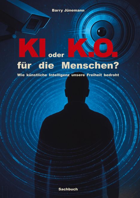 "KI oder K.O. für die Menschen? Wie künstliche Intelligenz unsere Freiheit bedroht." Menschensilhouette vor blauen Wellen.
