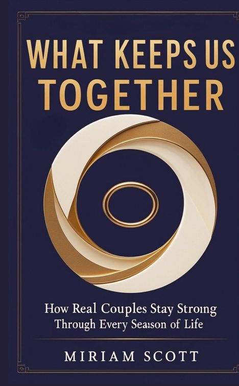 „WHAT KEEPS US TOGETHER“ und „Miriam Scott“. Goldene, ineinander verschlungene Kreise auf dunkelblauem Hintergrund.