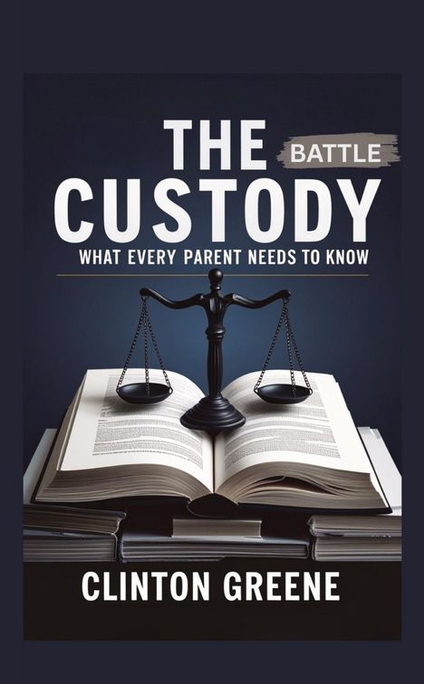 „The Custody Battle: What Every Parent Needs to Know“ von Clinton Greene. Eine Waage steht auf einem offenen Buch.