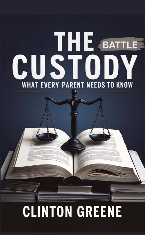 "The Custody Battle: What Every Parent Needs to Know" von Clinton Greene. Eine Waage steht auf einem offenen Buch.