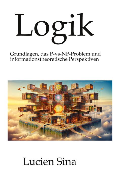 Text: "Logik: Grundlagen, das P-vs-NP-Problem und informationstheoretische Perspektiven" von Lucien Sina. Illustration: Fantastisches Gebäude in den Wolken.