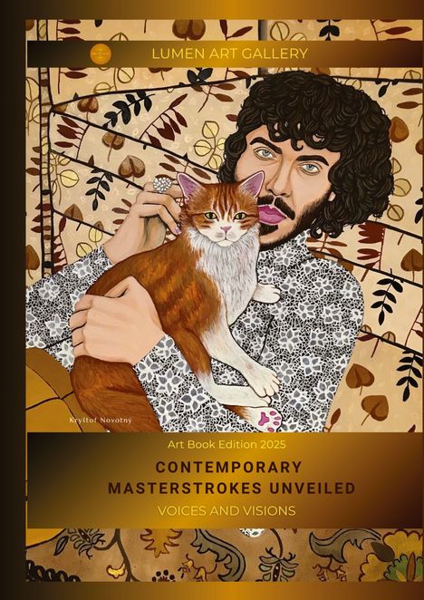 Art Book Edition 2025, Contemporary Masterstrokes Unveiled, Voices and Visions. Mann mit Katze vor gemustertem Hintergrund.
