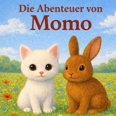 Text: "Die Abenteuer von Momo". Eine Illustration mit einer weißen Katze und einem braunen Kaninchen auf einer Blumenwiese.
